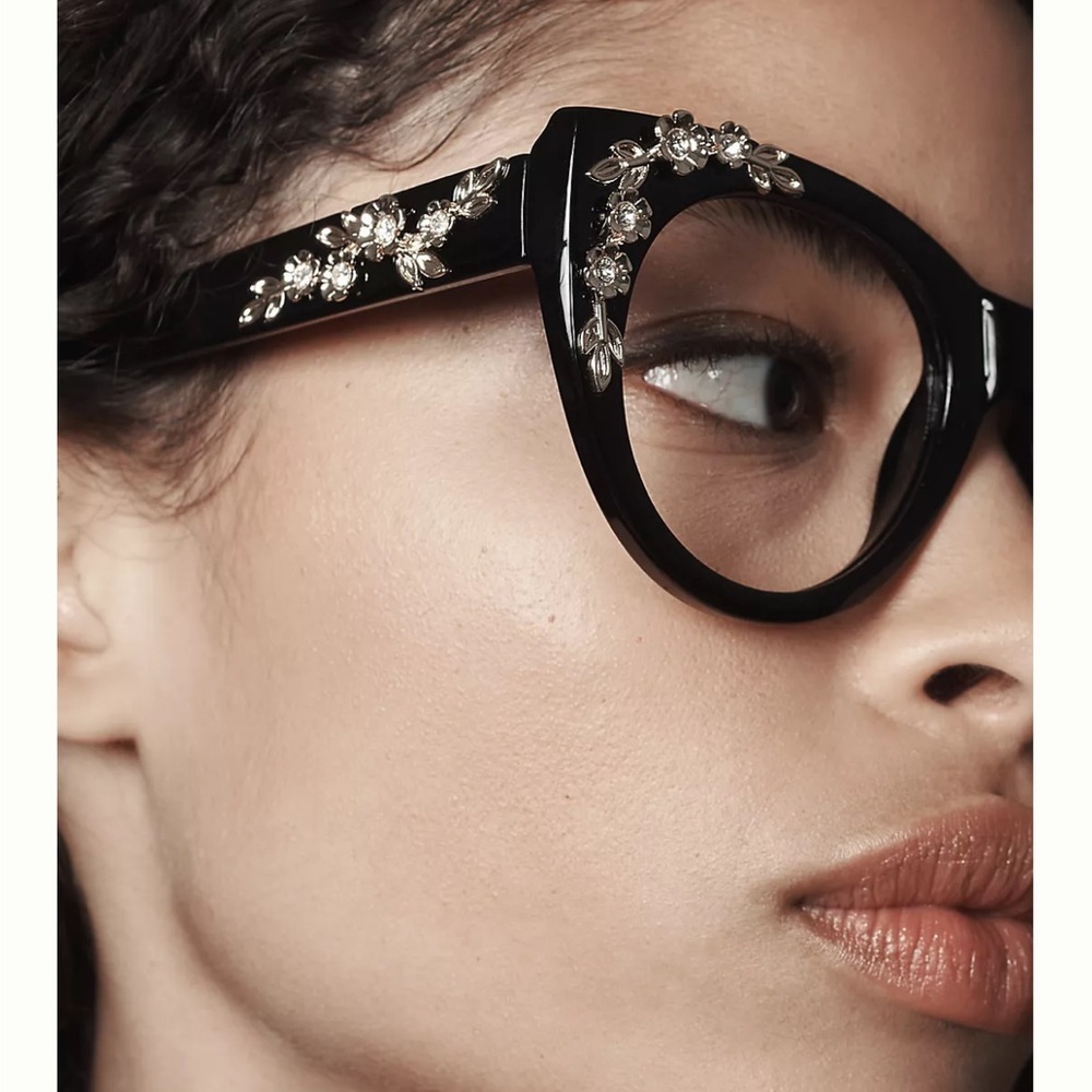 Anthropologie Black Cat-Eye Glasses with Gold Floral Accents - Picture 3 of 7